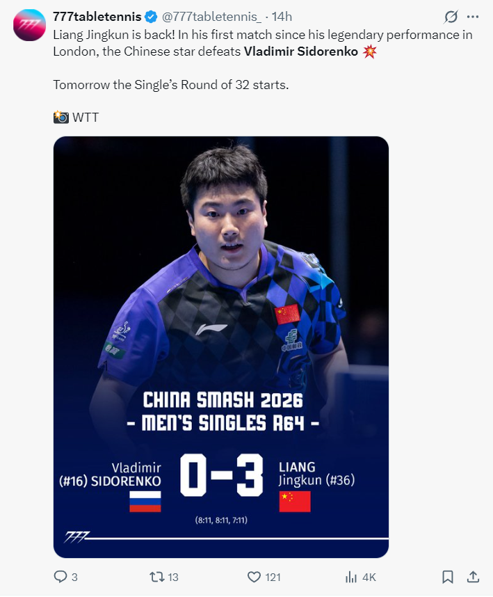 国乒研究能力仍顶级！大满贯亚军连败梁靖崑向鹏 29岁大胖宝刀未老